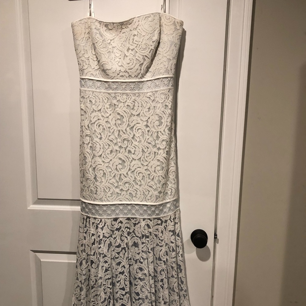 Tadashi Shoji lace overlay strapless gown
